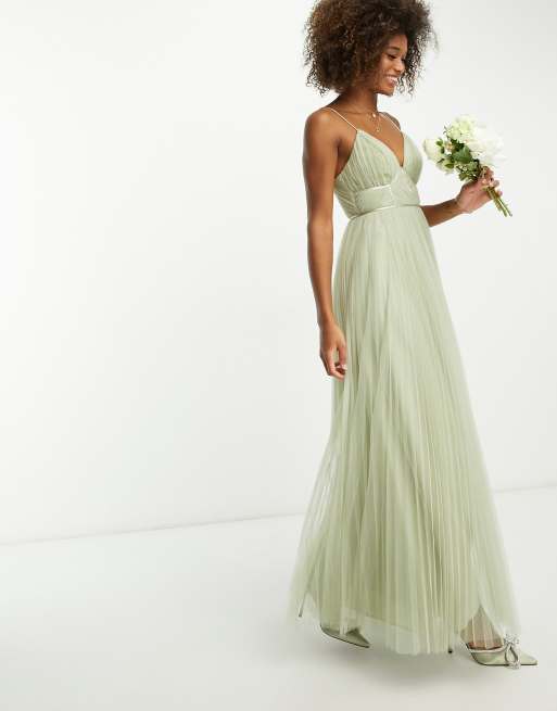 ASOS DESIGN Bridesmaid ruched waist maxi dress with long sleeves and pleat  skirt in olive