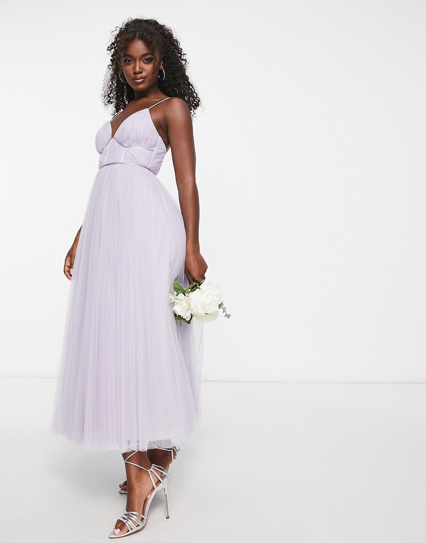 ASOS DESIGN Bridesmaid cami ruched bodice midi dress with pleated skirt in lilac-Purple