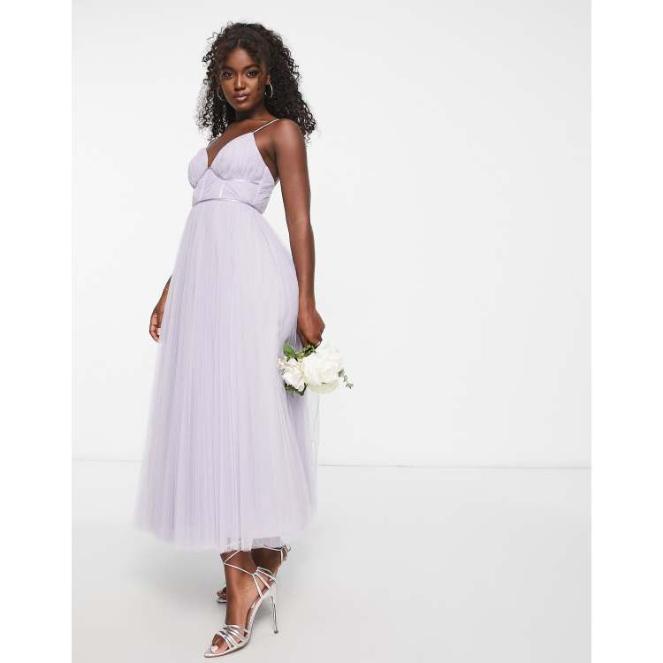 ASOS DESIGN Bridesmaid cami ruched bodice midi dress with pleated skirt in lilac ASOS