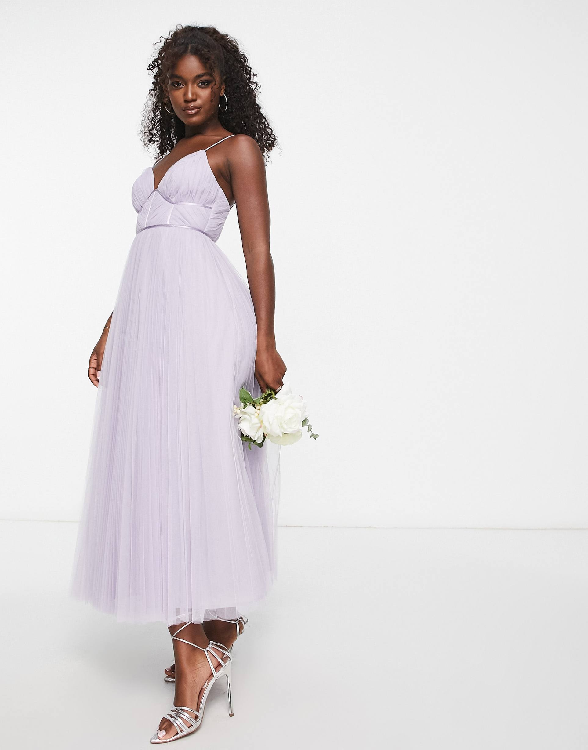 asos design bridesmaid cami ruched bodice midi dress with pleated skirt in lilac