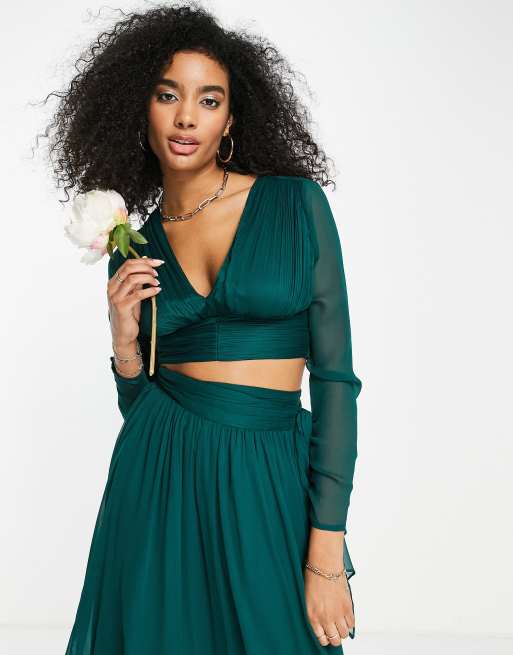 ASOS DESIGN Bridesmaid co-ord long sleeve top with wrap waist detail in  forest green | ASOS