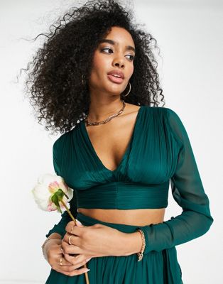 ASOS DESIGN Bridesmaid co-ord long sleeve top with wrap waist detail in forest green