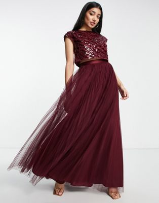 ASOS DESIGN Bridesmaid co-ord pleated tulle maxi skirt with ribbon waist in wine