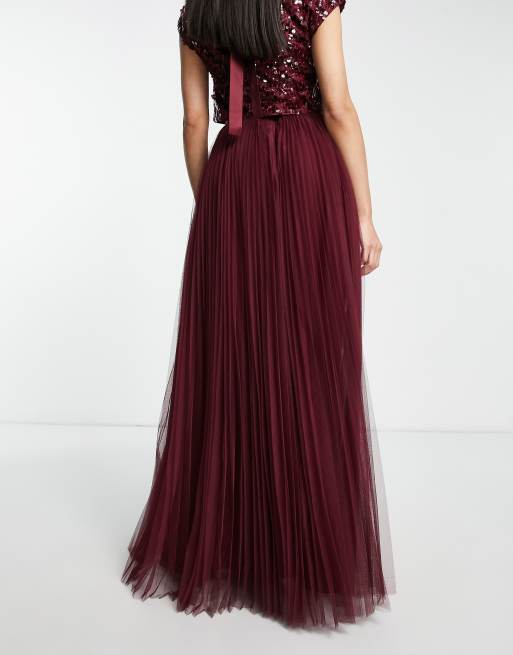 ASOS DESIGN Bridesmaid co ord pleated tulle maxi skirt with ribbon waist in wine