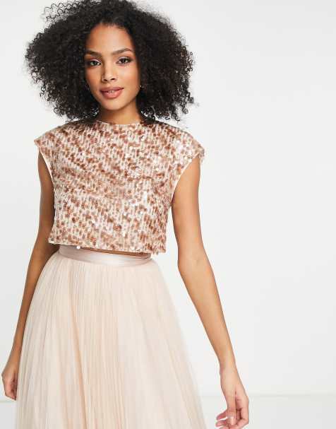 ASOS DESIGN Bridesmaid co-ord sequin top with ribbon bow back in champayne - view 1