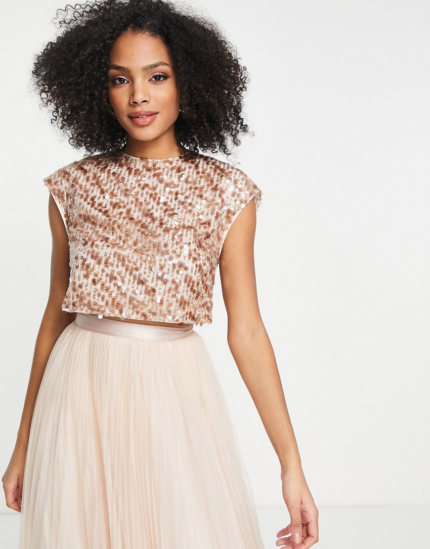 ASOS DESIGN Bridesmaid co-ord sequin top with ribbon bow back in champayne-Pink