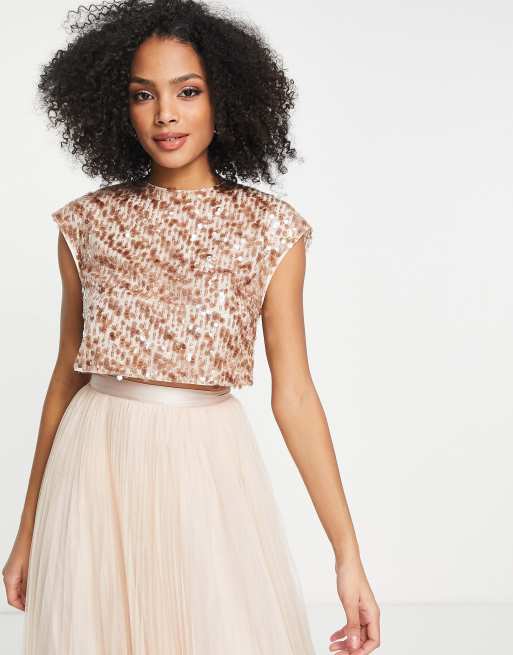 ASOS DESIGN Bridesmaid co ord sequin top with ribbon bow back in champayne