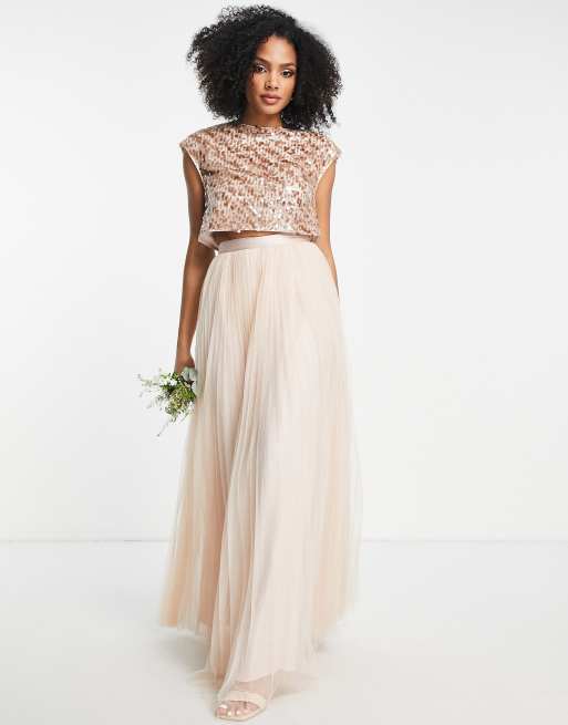 ASOS DESIGN Bridesmaid co-ord sequin top with ribbon bow back in champayne