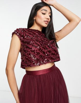 ASOS DESIGN Bridesmaid co-ord sequin top with ribbon bow back in wine