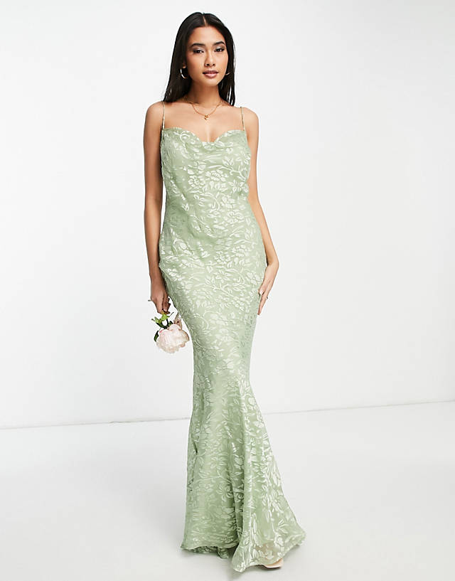 ASOS DESIGN Bridesmaid cowl front maxi dress in light green floral velvet burnout
