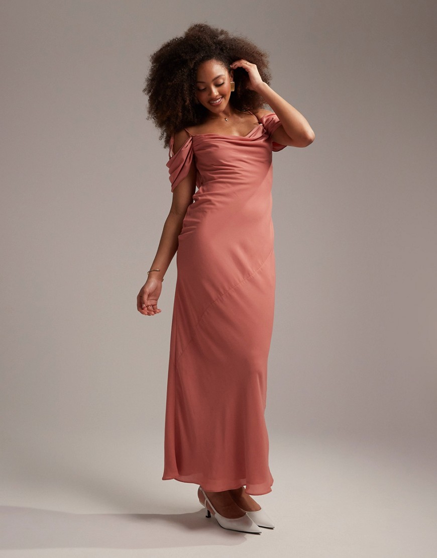 ASOS DESIGN Bridesmaid cowl front maxi dress with cold shoulder detail in dusty rose-Pink
