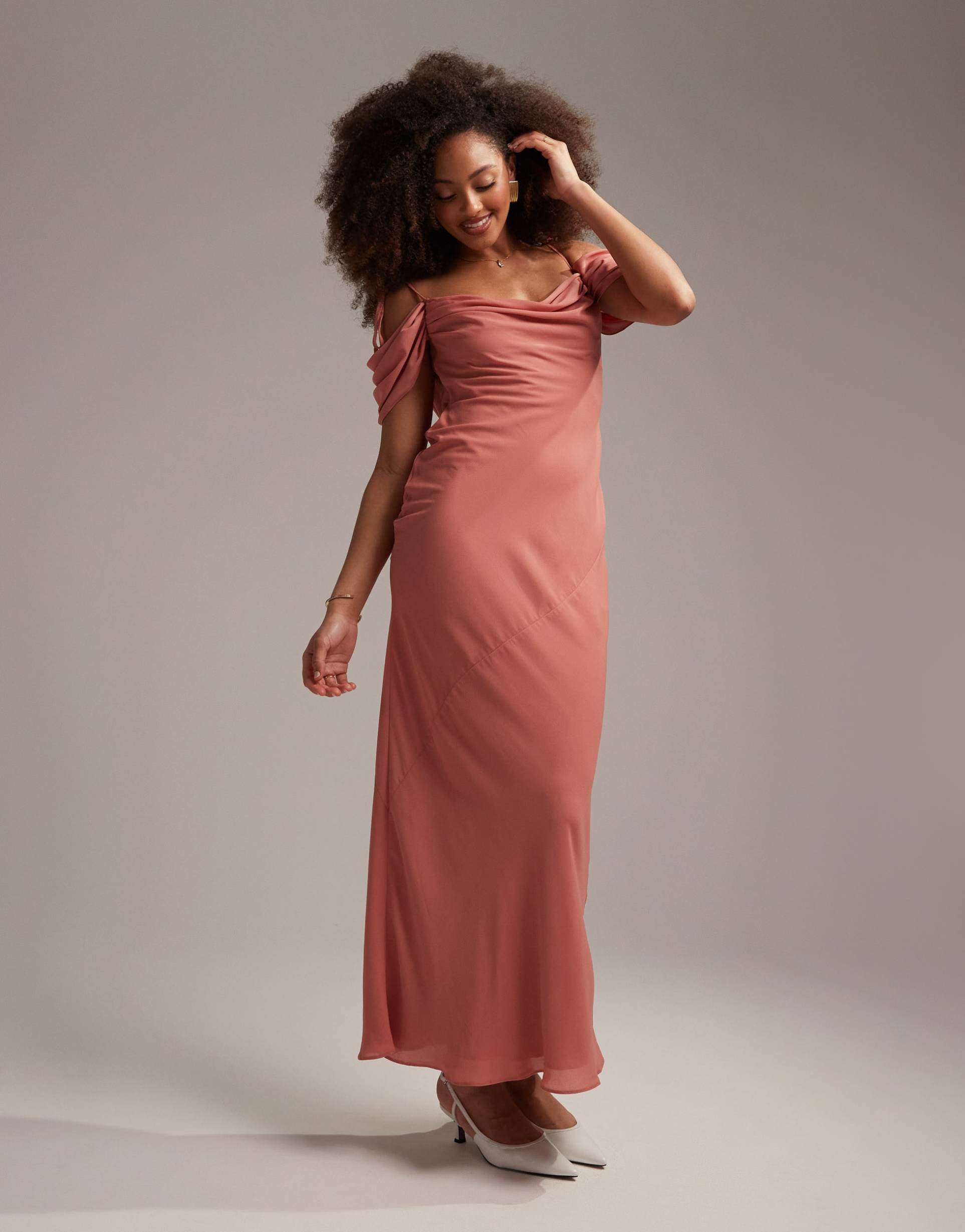 asos design bridesmaid cowl front maxi dress with cold shoulder detail in dusty rose