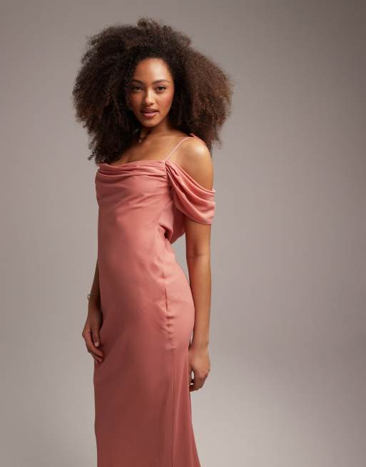 ASOS DESIGN Bridesmaid cowl front maxi dress with cold shoulder detail in dusty rose