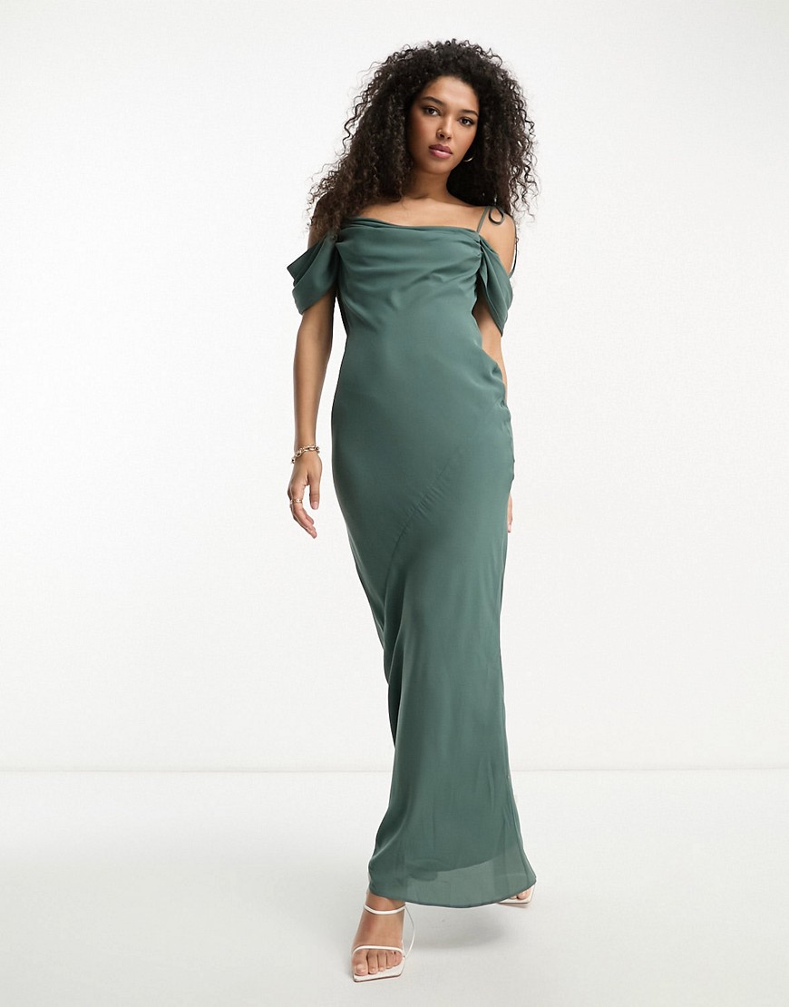 ASOS DESIGN Bridesmaid cowl front maxi dress with cold shoulder detail in green