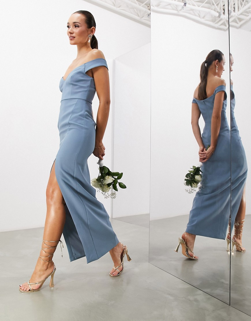 ASOS DESIGN Bridesmaid crepe bardot column maxi dress with split in dusky blue