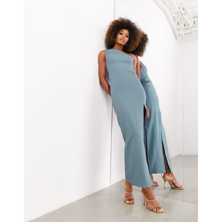 ASOS DESIGN Bridesmaid crepe one shoulder column maxi dress with split in dusky blue ASOS