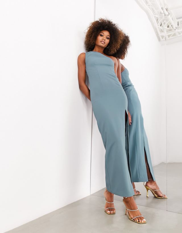 ASOS DESIGN - bridesmaid crepe one shoulder column maxi dress with split in dusky blue