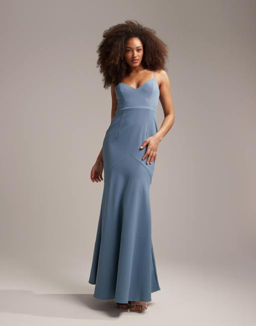 ASOS DESIGN Bridesmaid crepe strappy fishtail maxi dress in dusky