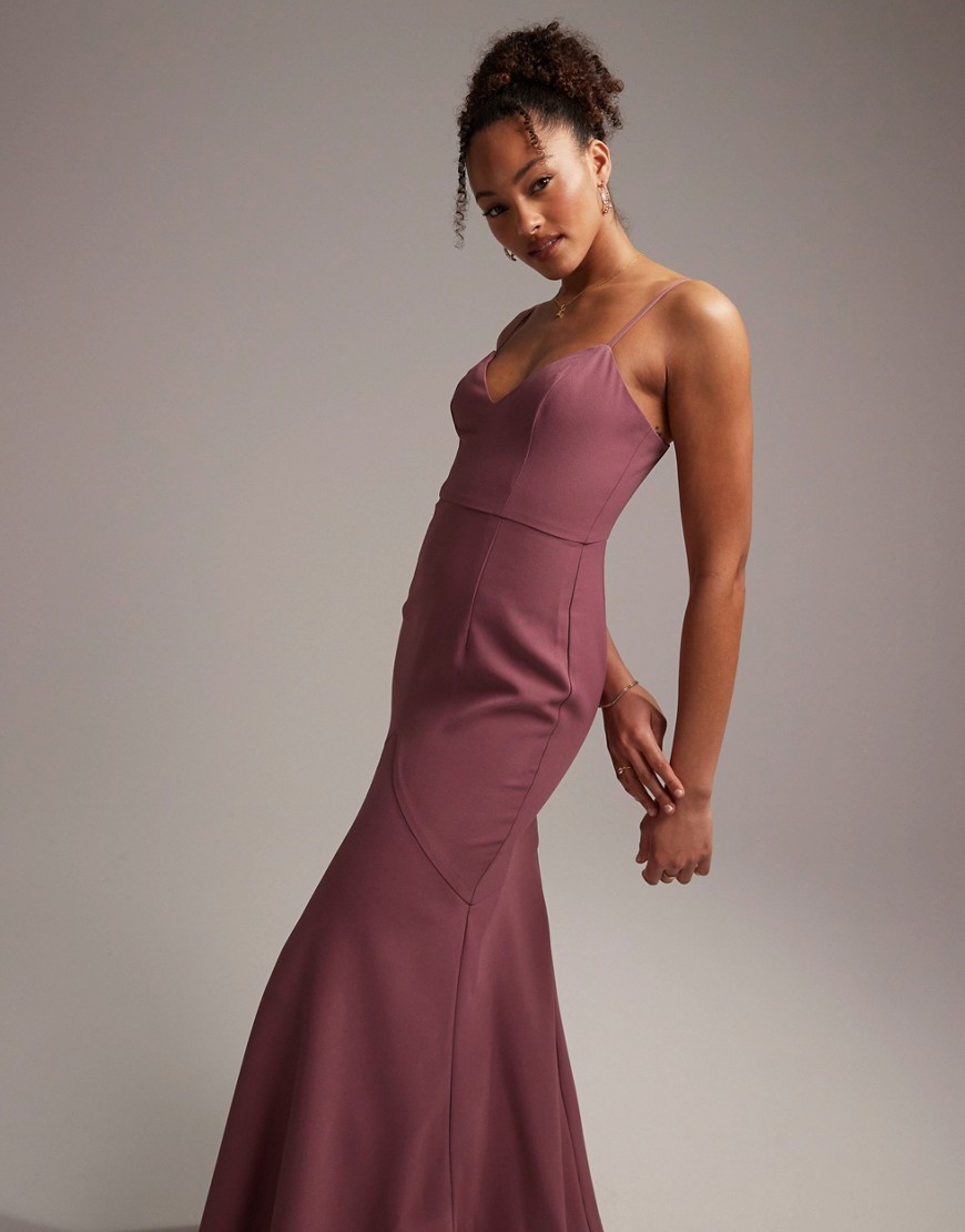ASOS DESIGN Bridesmaid crepe strappy fishtail maxi dress in orchid-Pink