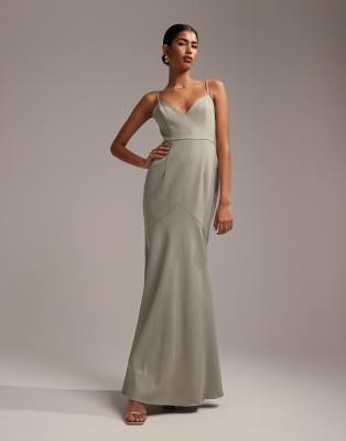 ASOS DESIGN Bridesmaid crepe strappy fishtail maxi dress in sage green