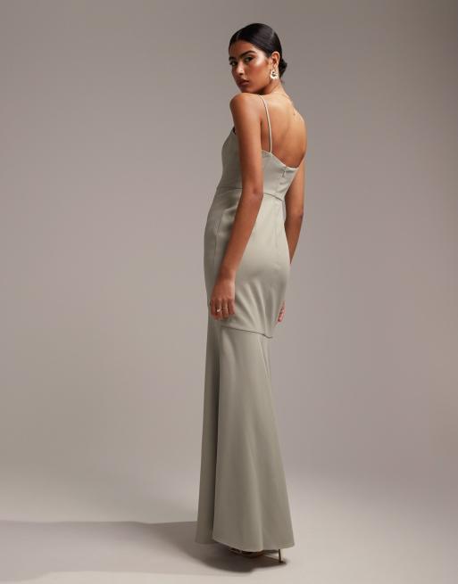 ASOS DESIGN Bridesmaid satin square neck maxi dress in sage green