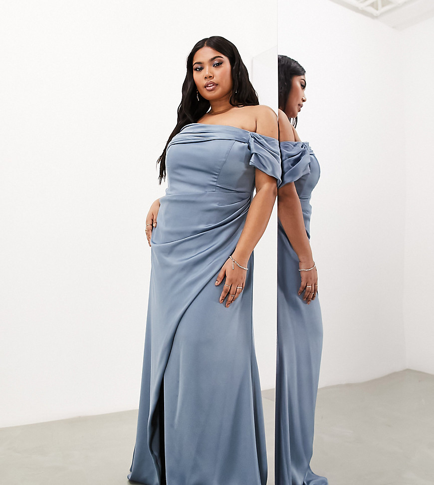 asos design bridesmaid curve satin bardot drape wrap maxi dress in dusky blue - mblue - mblue