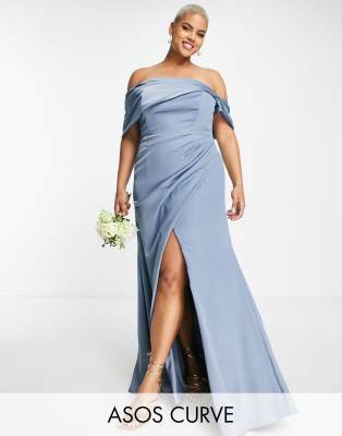 ASOS DESIGN Bridesmaid Curve satin bardot drape wrap maxi dress in dusky  blue