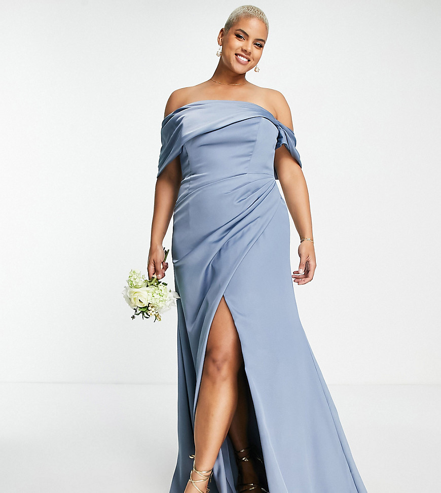 ASOS DESIGN Bridesmaid Curve satin bardot drape wrap maxi dress in dusky blue