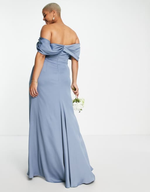 ASOS DESIGN Bridesmaid Curve satin bardot drape wrap maxi dress in dusky  blue