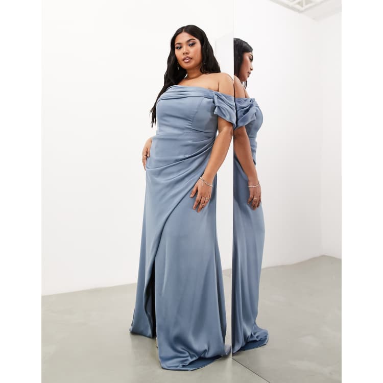 ASOS DESIGN Bridesmaid Curve satin bardot drape wrap maxi dress in