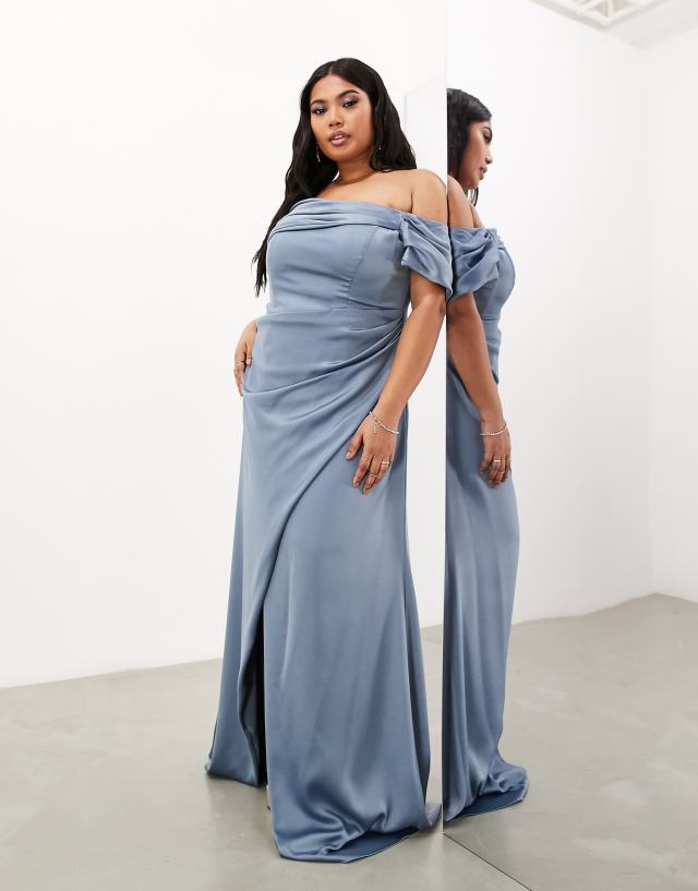 ASOS Curve - ASOS DESIGN Bridesmaid Curve satin bardot drape wrap maxi dress in dusky blue