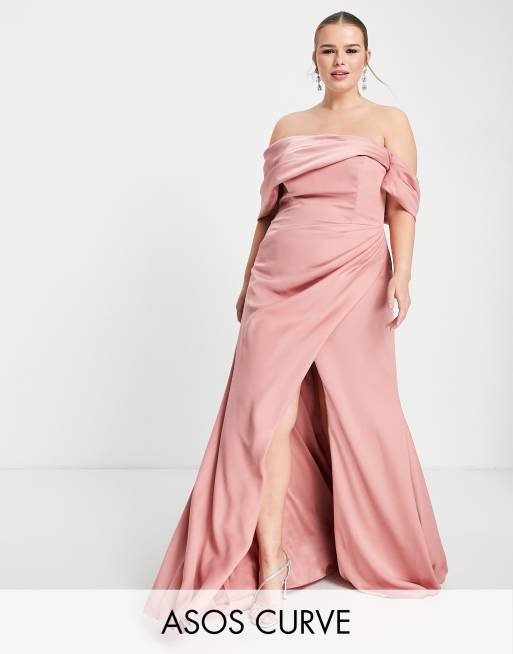 ASOS DESIGN Bridesmaid Curve satin bardot drape wrap maxi dress in dusky rose