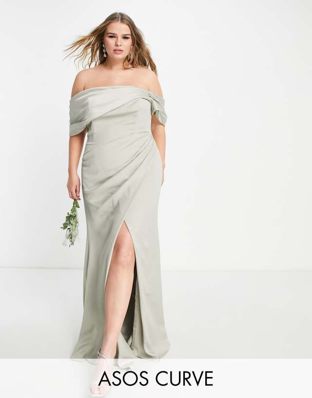 ASOS Curve - ASOS DESIGN Bridesmaid Curve satin bardot drape wrap maxi dress in sage green