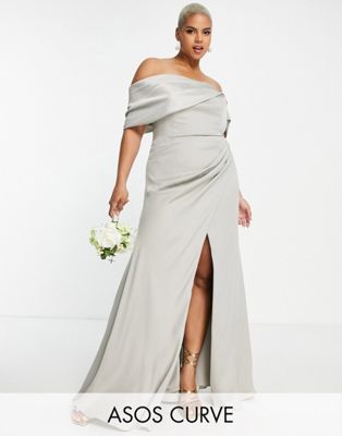 ASOS DESIGN Bridesmaid Curve satin bardot drape wrap maxi dress in sage green  - ASOS Price Checker