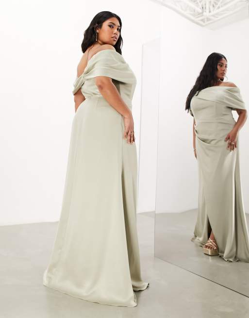 ASOS DESIGN satin twist shoulder drape maxi dress with puddle hem