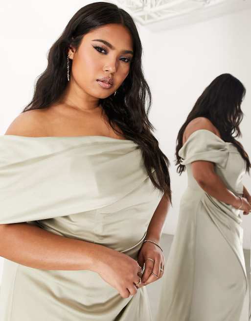 ASOS DESIGN Bridesmaid Curve satin bardot drape wrap maxi dress in sage green , 4 of 4