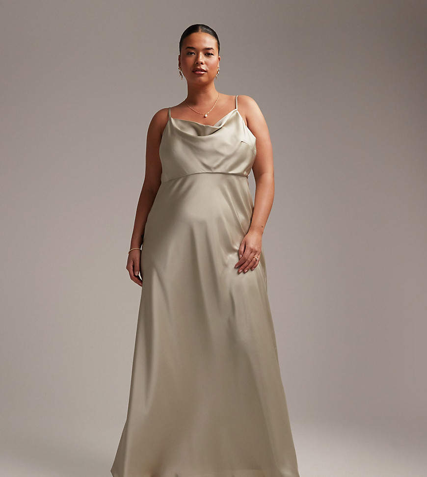 ASOS DESIGN Bridesmaid Curve satin cowl neck maxi dress with full skirt in sage green