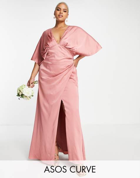 ASOS DESIGN Bridesmaid Curve satin kimono sleeve maxi dress with drape skirt in dusky rose - view 1