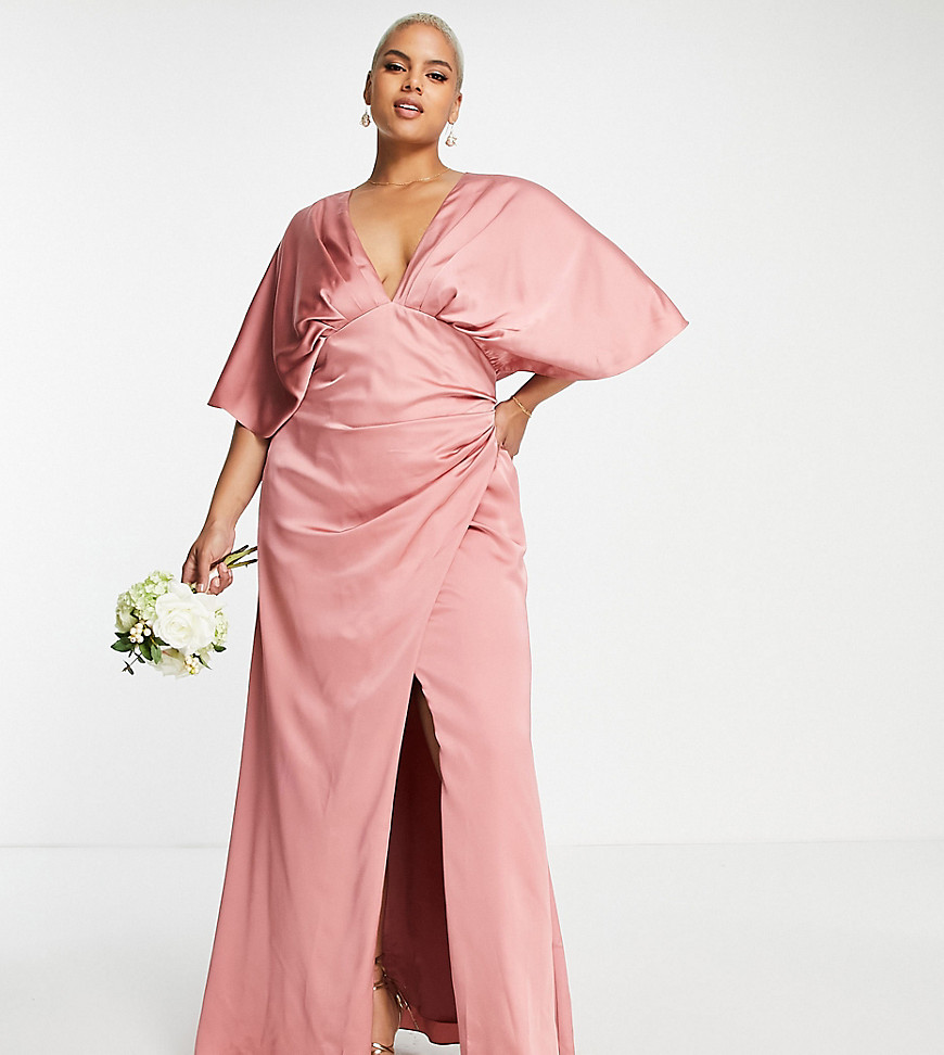 ASOS DESIGN Bridesmaid Curve satin kimono sleeve maxi dress with drape skirt in dusky rose-Pink