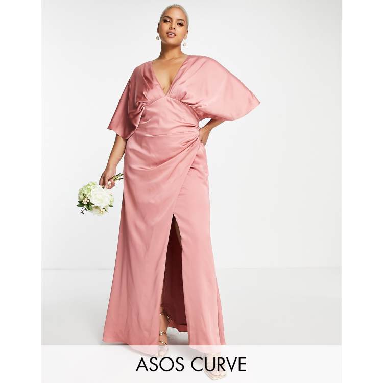 Dusty Pink Satin Asos Bridesmaid Dresses Blush ASOS DESIGN Bridesmaid Curve  Satin Kimono Sleeve Maxi Dress