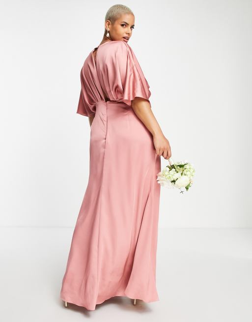 ASOS DESIGN Bridesmaid Curve satin kimono sleeve maxi dress with drape skirt in dusky rose ASOS