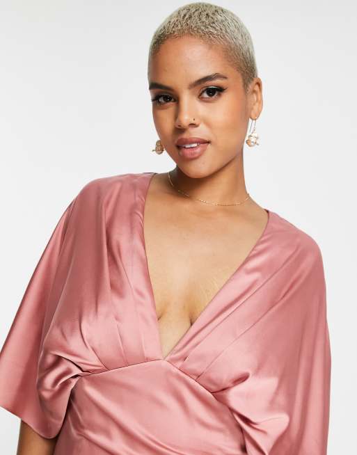 ASOS DESIGN Bridesmaid Curve satin kimono sleeve maxi dress with drape  skirt in dusky rose