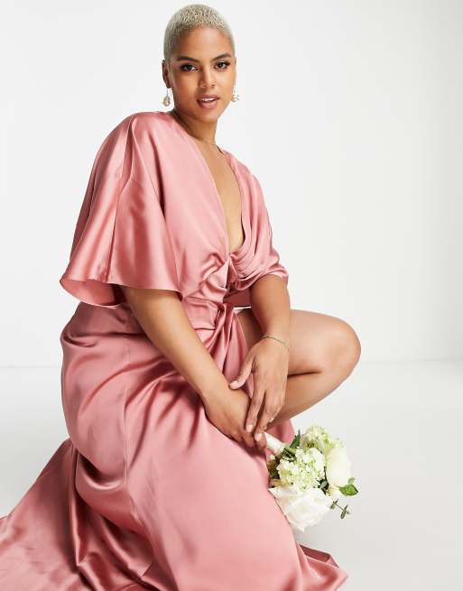 ASOS DESIGN Bridesmaid Curve satin kimono sleeve maxi dress with drape skirt in dusky rose