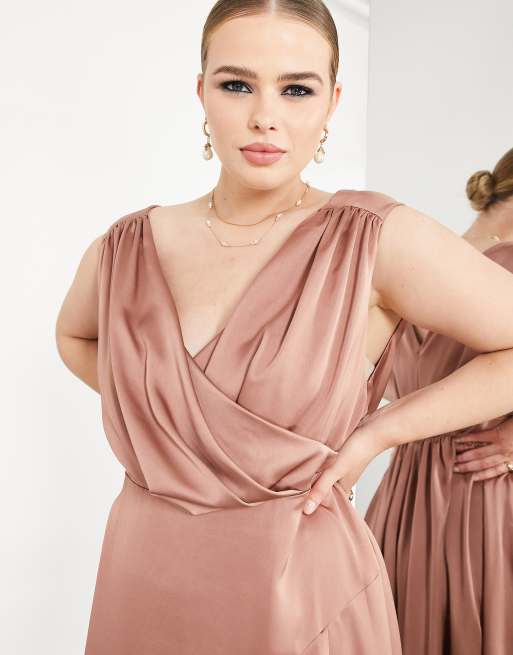 ASOS DESIGN Bridesmaid Curve satin maxi dress with wrap bodice in cinnamon rose COPPER COPPER