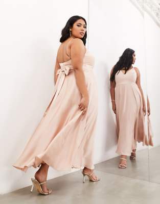 ASOS DESIGN Bridesmaid Curve satin midi dress with tie back in blush | ASOS