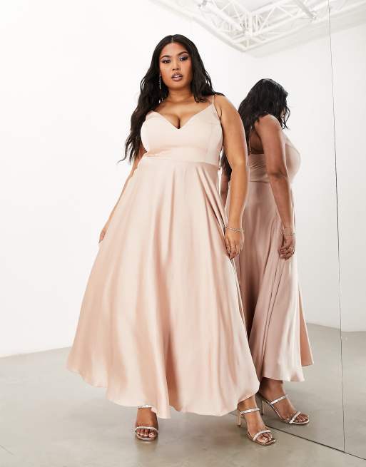 ASOS DESIGN Bridesmaid Curve satin midi dress with tie back in blush ASOS