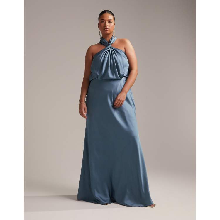 ASOS DESIGN Bridesmaid satin ruched halter neck maxi dress in sage