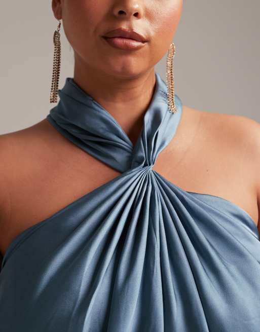 ASOS DESIGN Bridesmaid satin ruched halter neck maxi dress in petrol blue