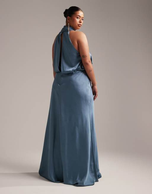 ASOS DESIGN Bridesmaid Curve satin ruched halter neck maxi dress in dusky  blue