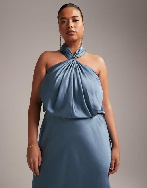 ASOS DESIGN Bridesmaid satin ruched halter neck maxi dress in sage